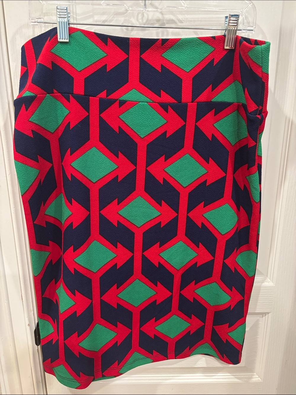 LuLaRoe Navy, Red & Green Geometric Pencil Skirt